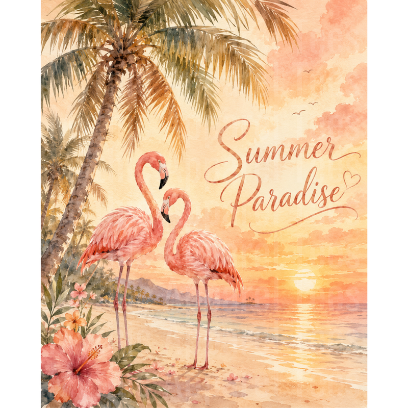 Flamingos Summer Paradise Tropical Beach Sunset Watercolor