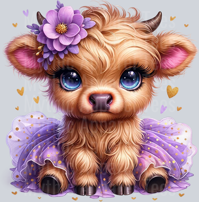 Cute Highland Cow Baby Tutu Flower hair Purple DTF Precious Highland Cow Transfers