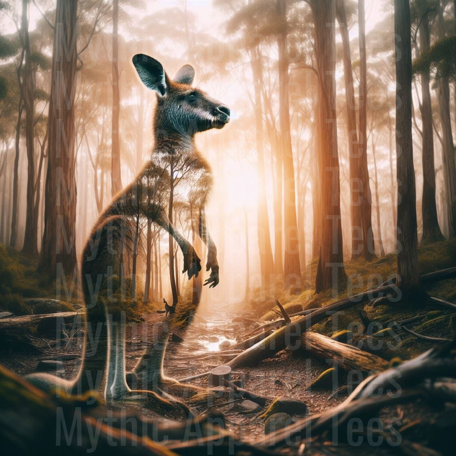 Kangaroo Standing Tall in Misty Australian Eucalyptus Forest with Golden Sunlight