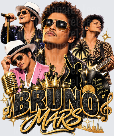 Bruno Mars Gold Crown Music Collage with Vintage Microphone Guitar and Music Sounds Better With You Tribute Graphic