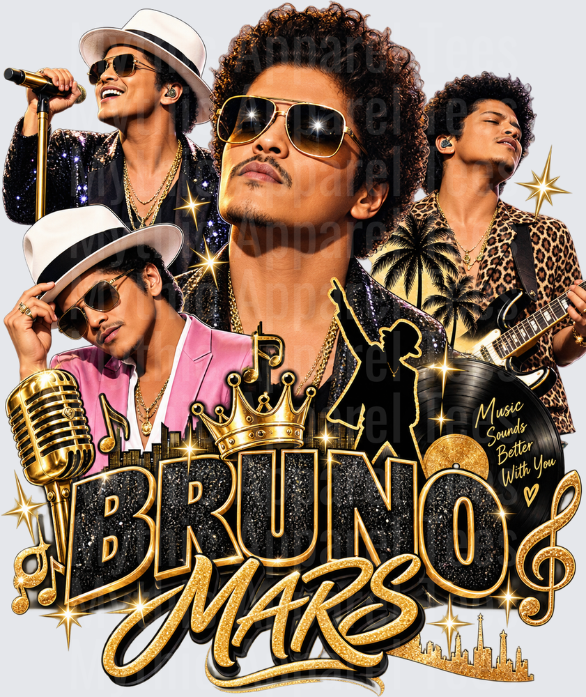 Bruno Mars Gold Crown Music Collage with Vintage Microphone Guitar and Music Sounds Better With You Tribute Graphic