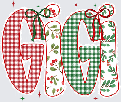 Gigi Christmas Holiday Buffalo Plaid and Holly Berry Name Letters with Festive Bows and Sparkles