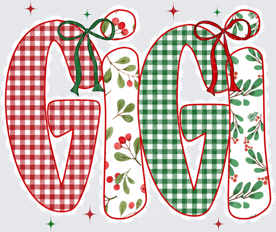 Gigi Christmas Holiday Buffalo Plaid and Holly Berry Name Letters with Festive Bows and Sparkles