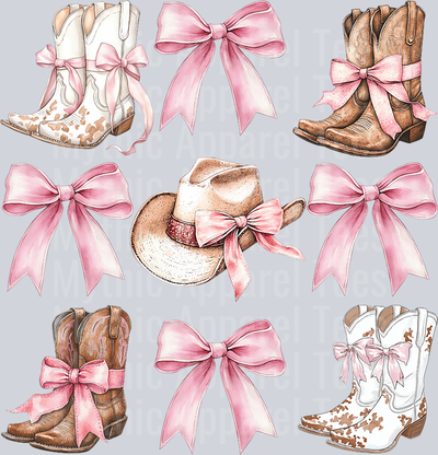 Pink and white boots brown boots with pink bows Western Girl DTF Western Transfers