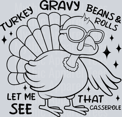 Turkey Gravy Beans And Rolls Let Me See That Casserole Outline DTF Thanksgiving Transfers