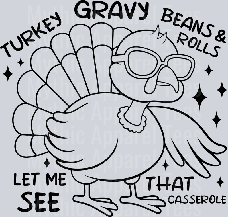 Turkey Gravy Beans And Rolls Let Me See That Casserole Outline DTF Thanksgiving Transfers