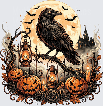 Gothic Halloween Raven Perched on Iron Gate with Jack-O-Lanterns Full Moon Haunted Castle Bats and Vintage Lanterns