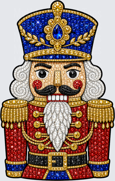 Christmas Bling Rhinestone Diamond Art Nutcracker Soldier in Red and Blue Royal Military Uniform with Gold Epaulettes and Jeweled Crown Hat