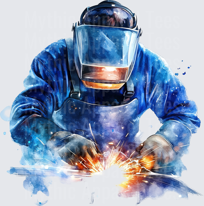 Watercolor Welder With Welding Helmet and Sparks Flying Blue Tones