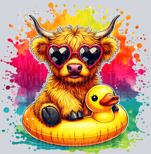 Highland cow with heart glasses on duck float spash DTF Summer Transfers