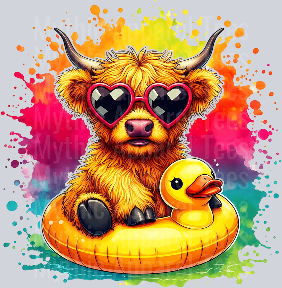 Highland cow with heart glasses on duck float spash DTF Summer Transfers