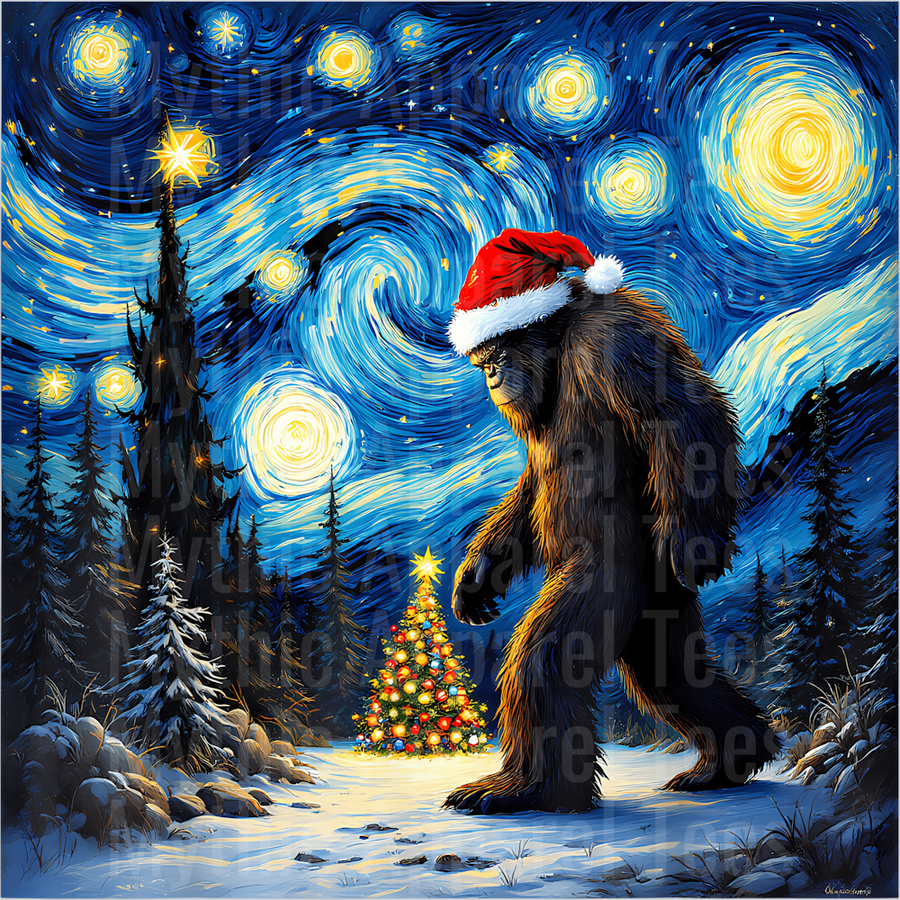 19 Christmas Bigfoot Santa Hat Van Gogh Starry Night Holiday T-Shirt