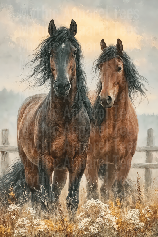 Two Majestic Wild Horses with Flowing Manes in Golden Meadow Oil Painting Style