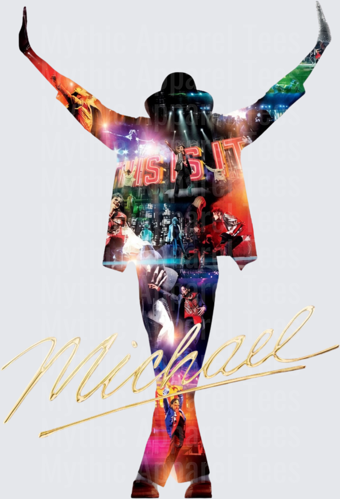 Michael Jackson This Is It Concert Silhouette Collage with Gold Signature Arms Raised Iconic Pose