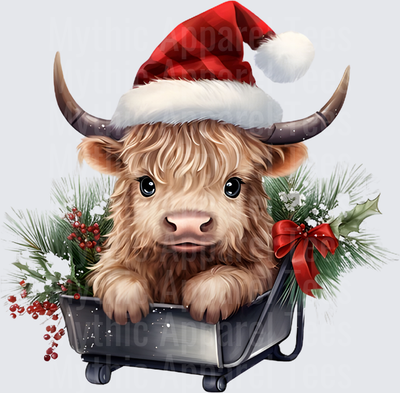 Highland Christmas Cow Baby in Sleigh with Santa Hat Holly