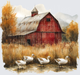 Farm Life and Farm Animals Autumn Red Barn White Geese Watercolor