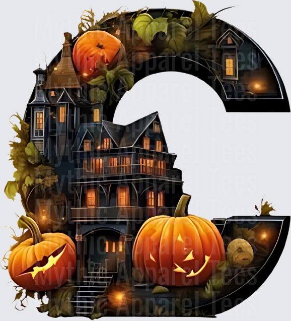 Halloween Letter C Haunted Mansion with Jack-o-Lanterns and Pumpkins
