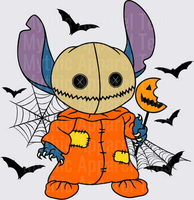 Stitch Dressed as Scrump Scarecrow Halloween Costume with Jack-O-Lantern Wand Bats and Spider Webs