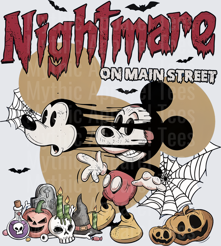 Nightmare On Main Street Spooky Mickey Mouse Halloween Horror Mashup with Pumpkins Bats Skulls and Spider Webs