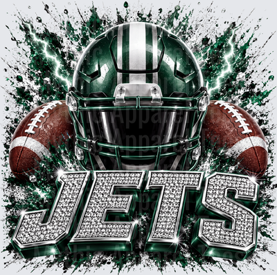 Rhinestone Style NFL New York Jets Green Football Helmet Lightning Splatter with Diamond Bling Lettering