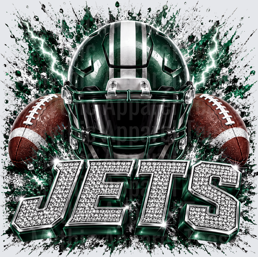 Rhinestone Style NFL New York Jets Green Football Helmet Lightning Splatter with Diamond Bling Lettering