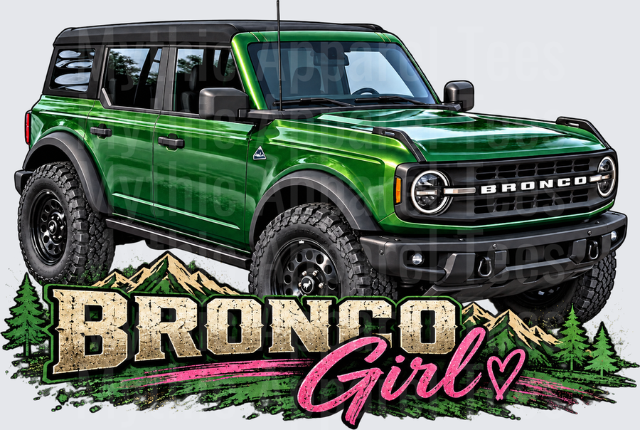 Green Ford Bronco Girl 4-Door Off-Road SUV with Mountains and Pine Trees