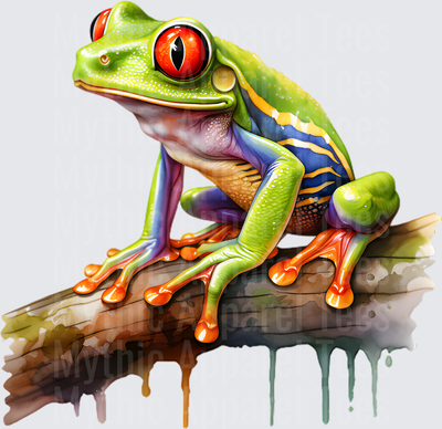 Vibrant Red-Eyed Tree Frog Perched on Branch Watercolor Drip Art