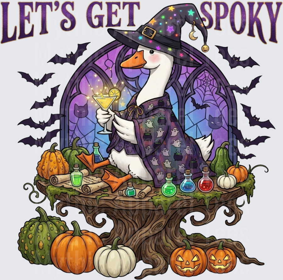 Let's Get Spoky Witch Goose Holding Martini with Potions Pumpkins Bats and Stained Glass Halloween Design