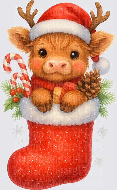 Highland Christmas Cow in Santa Hat Peeking from Stocking