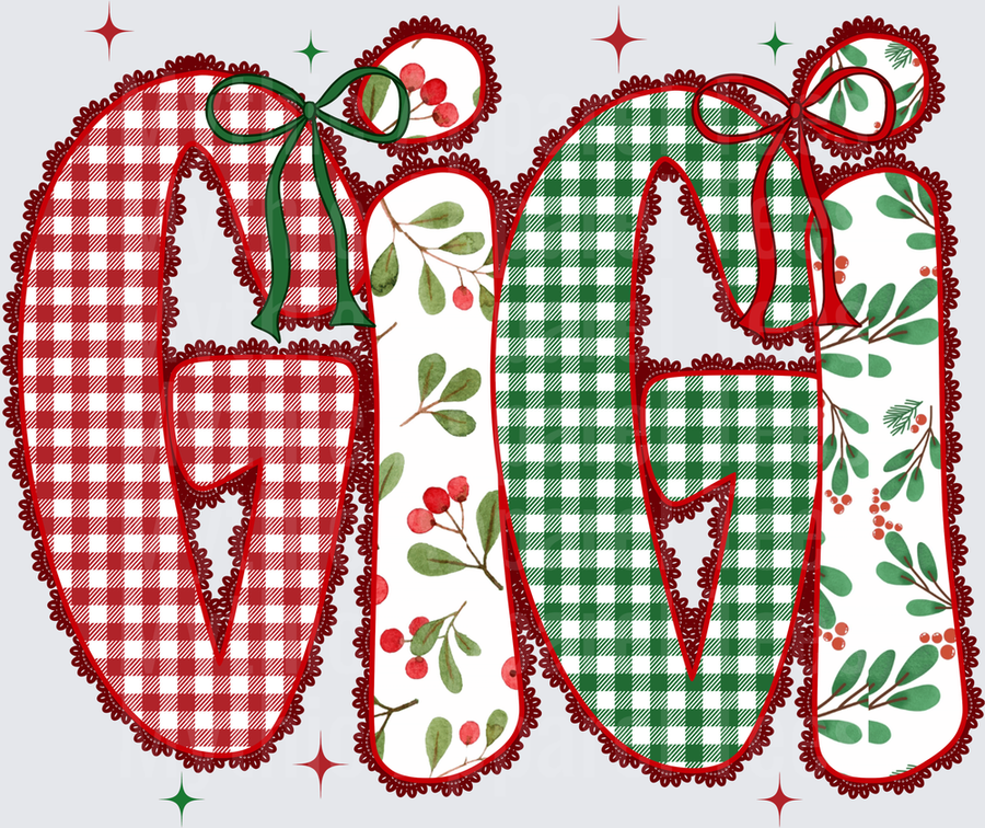 Christmas Plaid Gigi Monogram Letters with Holly Berries Bows and Lace Trim