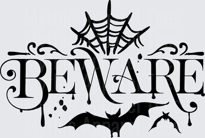 Beware Gothic Halloween Typography with Spiderweb Bats and Dripping Blood Drops Spooky Sign Design