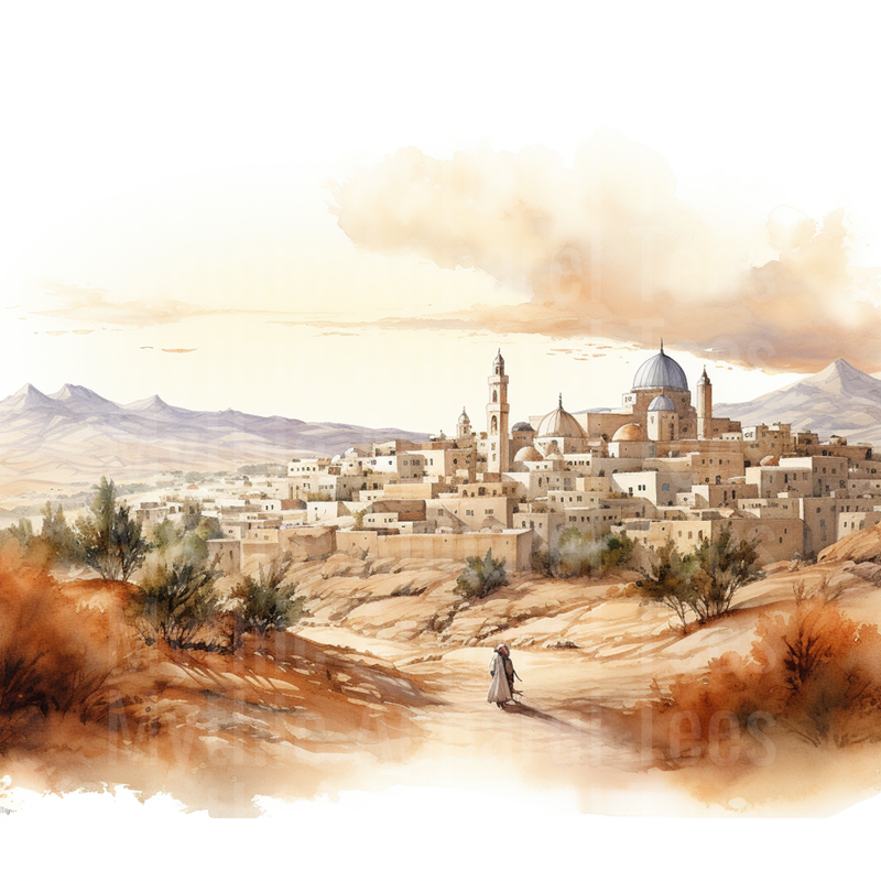 Nativity Ancient Biblical City Watercolor Desert Landscape