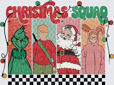 Christmas Squad Grinch Kevin McCallister Santa Claus Ralphie Pink Bunny Suit Retro Holiday Character Panel Design with String Lights