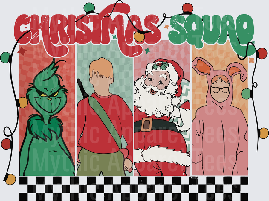 Christmas Squad Grinch Kevin McCallister Santa Claus Ralphie Pink Bunny Suit Retro Holiday Character Panel Design with String Lights