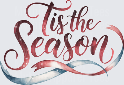 Tis The Season Watercolor Script Calligraphy with Festive Ribbon Swirl and Snowflake Accents