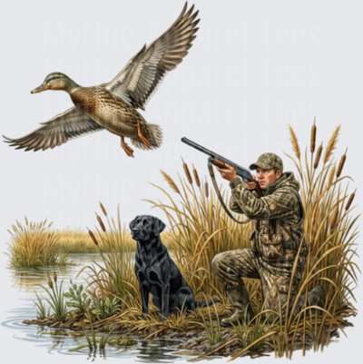 Duck Hunter in Camo with Black Lab and Mallard in Flight