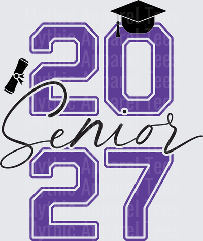 Senior 2027 Purple Varsity Block Letters with Graduation Cap and Diploma Script Design