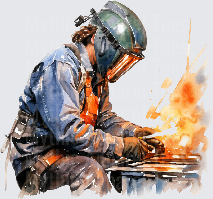Watercolor Female Welder with Welding Helmet and Flying Sparks