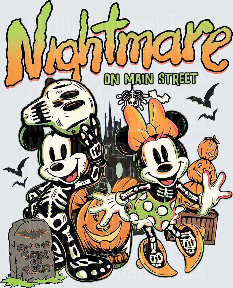 Nightmare On Main Street Mickey and Minnie Mouse Skeleton Halloween Trick or Treat Pumpkin Haunted Castle