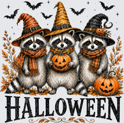 Halloween Trio of Witch Hat Raccoons with Jack-o-Lanterns
