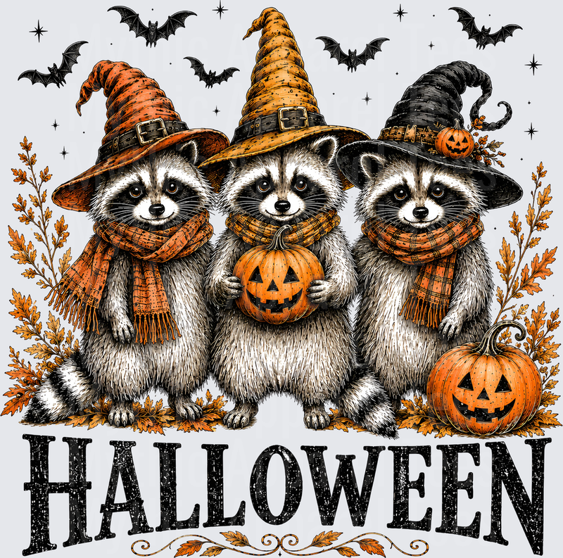 Halloween Trio of Witch Hat Raccoons with Jack-o-Lanterns