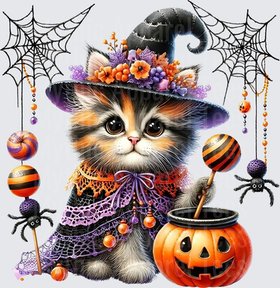 Cute Calico Kitten Witch with Floral Hat Jack-O-Lantern Cauldron Spider Webs Halloween Candy