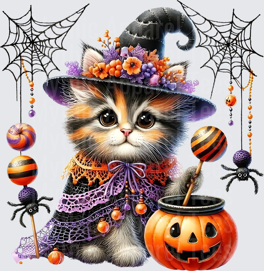 Cute Calico Kitten Witch with Floral Hat Jack-O-Lantern Cauldron Spider Webs Halloween Candy