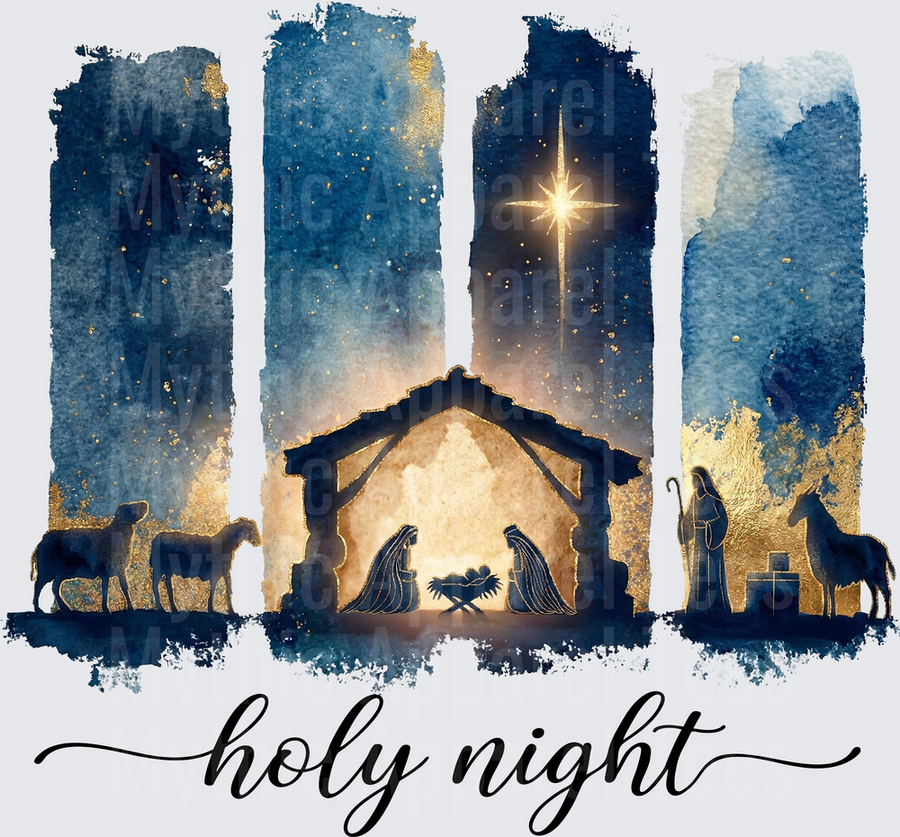 Holy Night Nativity Scene Watercolor Christmas Manger Scene with Star of Bethlehem Gold and Navy Blue