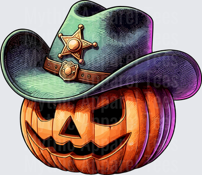 Halloween Jack-O-Lantern Pumpkin Wearing Sheriff Cowboy Hat with Gold Star Badge