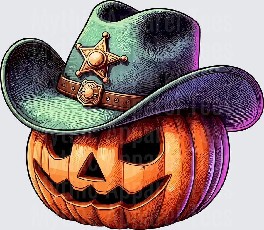 Halloween Jack-O-Lantern Pumpkin Wearing Sheriff Cowboy Hat with Gold Star Badge