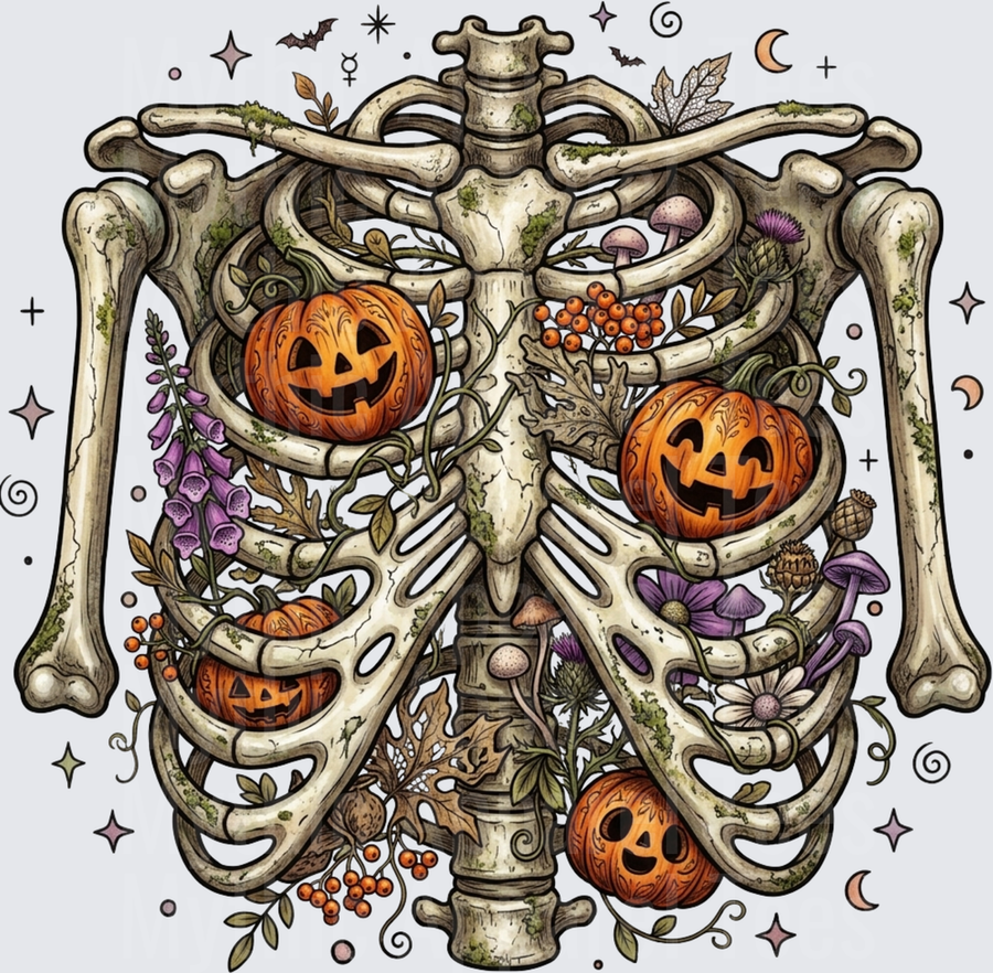 Botanical Skeleton Rib Cage with Jack-O-Lantern Pumpkins Mushrooms Wildflowers and Celestial Stars Halloween Witchy Gothic Nature