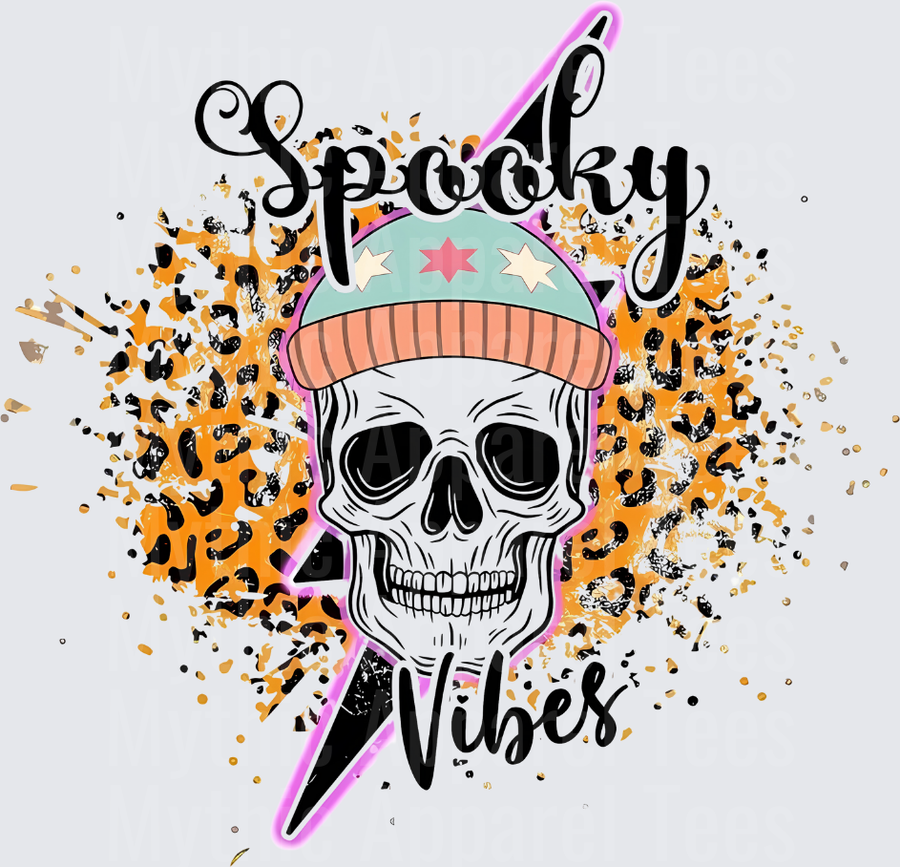 Spooky Vibes Skull Wearing Beanie Hat Orange Leopard Print Lightning Bolt Halloween