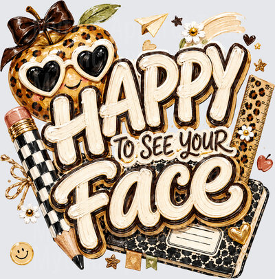 Happy To See Your Face Leopard Print Teacher Apple Back To School Boho Checkered Pencil Notebook Ruler Design