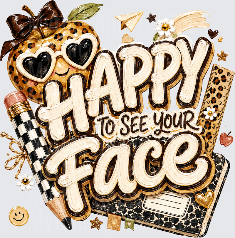 Happy To See Your Face Leopard Print Teacher Apple Back To School Boho Checkered Pencil Notebook Ruler Design